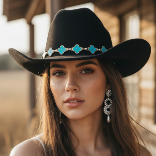 FASHNZFAB quatrefoil link chain band accent plain western cowboy fedora hat