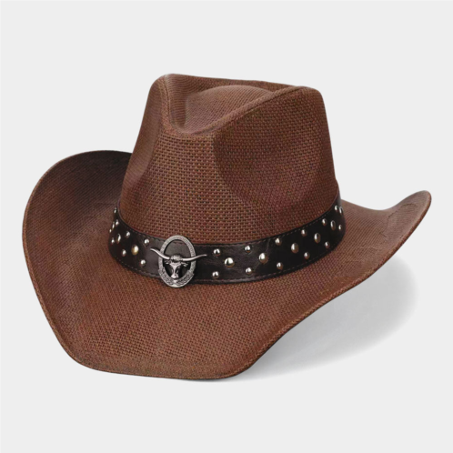 FASHNZFAB metal steer head emblem studded faux leather band western straw cowboy fedora hat