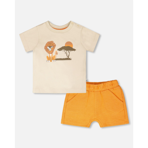 Deux par Deux organic cotton t-shirt and short set beige and orange