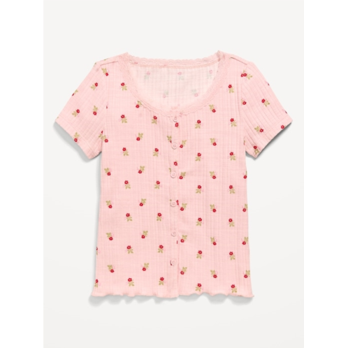 OldNavy Printed Short-Sleeve Lace-Trim Button-Front Top for Girls