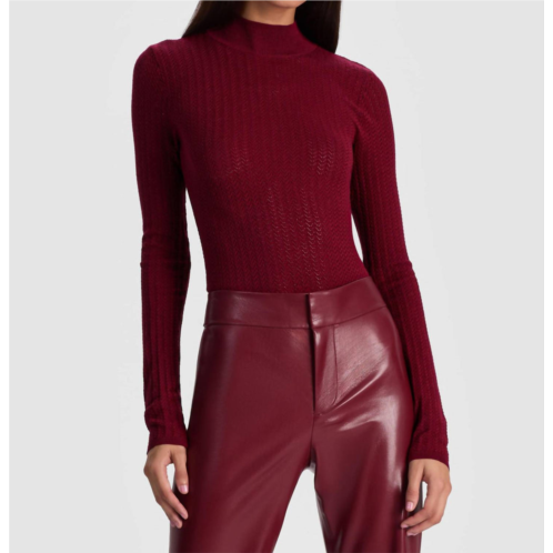 Alice olivia lanie pointelle long sleeve mock neck top in oxblood