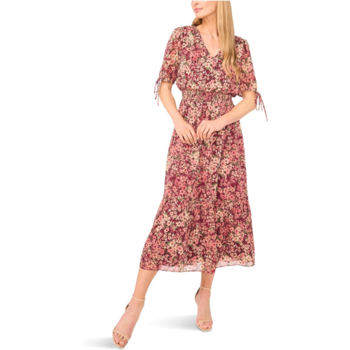 CeCe V-neck Tie Sleeve Smocked Waist Midi Dress