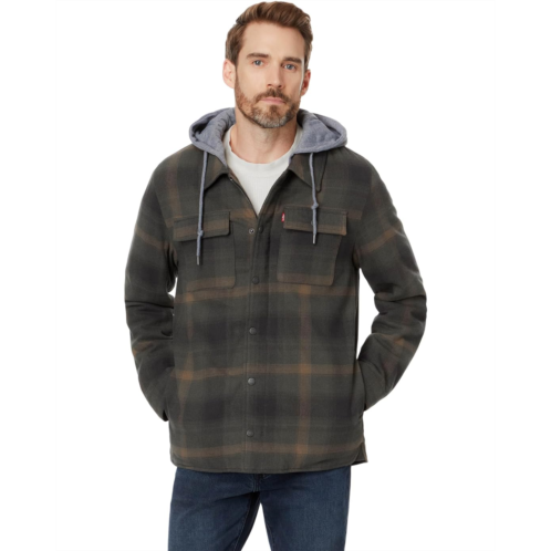Mens Levis Washed Cotton Shirt Jacket with A Jersey Hood and Sherpa Lining