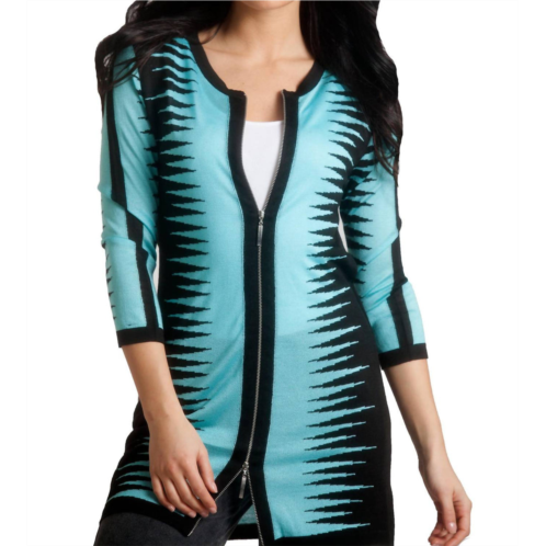 ANGEL zig-zag zip long cardigan in black/aqua