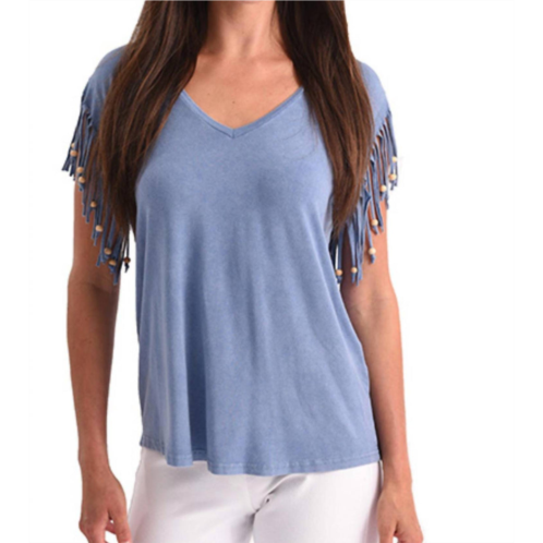 ANGEL stone wash cut out fringe beaded sleeve top in denim