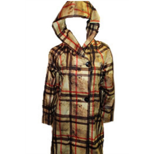 ANGEL plaid side button long hooded rain jacket in gold multi