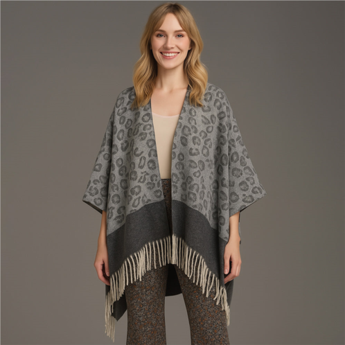 TRUEDAMES leopard print open front fringe hem kimono poncho