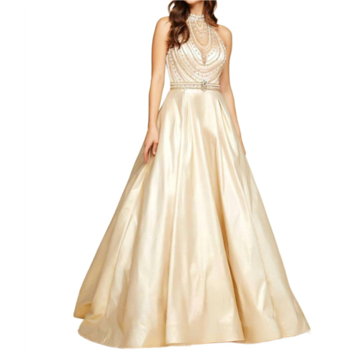 MAC DUGGAL beaded illusion halterneck ball gown in gold