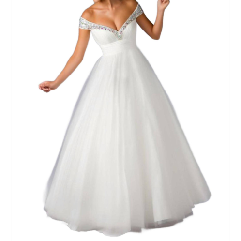 MAC DUGGAL crystal off the shoulder gown in white