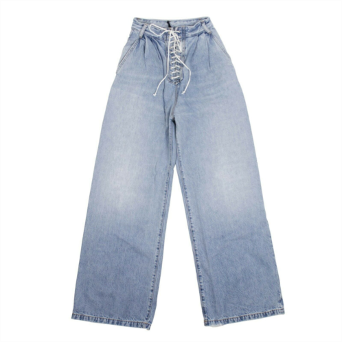 Unravel Project denim blue cotton lace up wide leg jeans