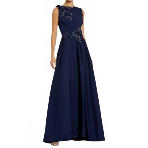 MAC DUGGAL bateau floral appliqued evening gown in navy