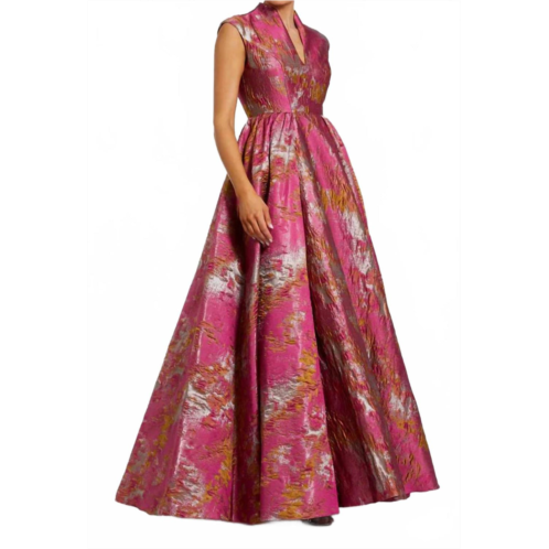 MAC DUGGAL metallic brocade mandarin collar v-neck gown in rasberry multi
