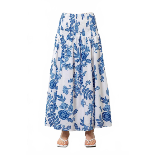 MOON RIVER floral print smocked midi skirt in blue multi