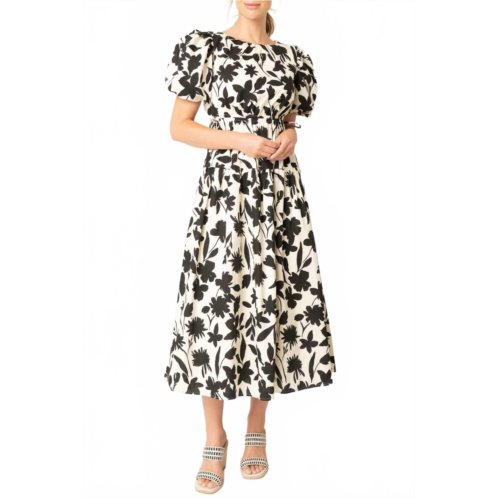 MOON RIVER floral print cut out shirred midi dress in black & white