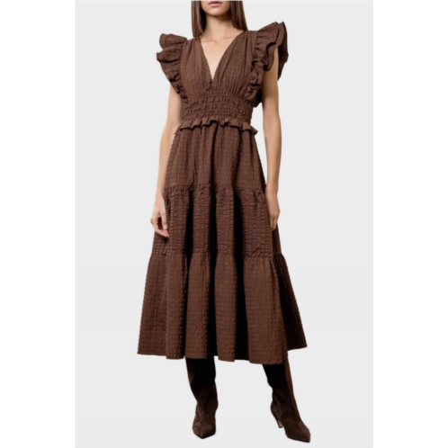 MOON RIVER flutter sleeve v-neck midi dress in brown