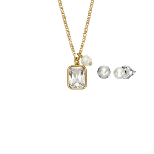 Fossil womens white pearl necklace and earrings gift set