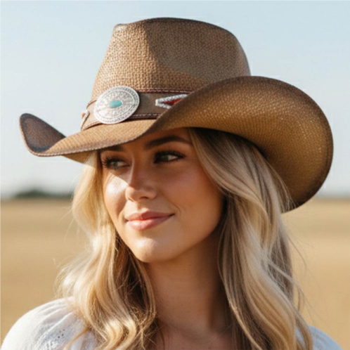 FASHNZFAB vintage turquoise concho beaded band western straw cowboy hat