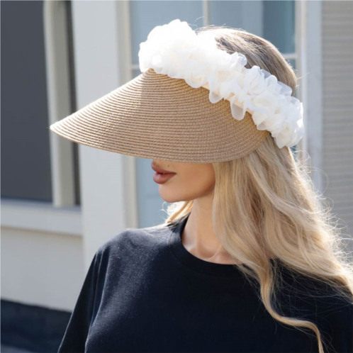 FASHNZFAB floral ruffle accent wide brim straw visor hat