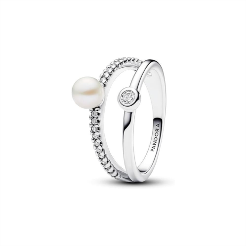 Pandora treated freshwater cultured pearl & pave double band ring
