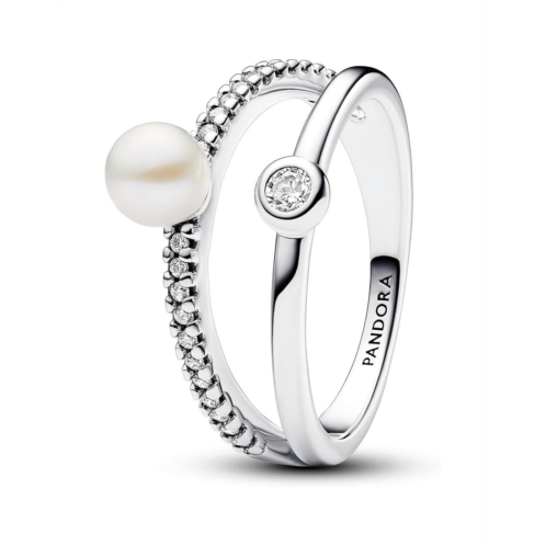 Pandora treated freshwater cultured pearl & pave double band ring