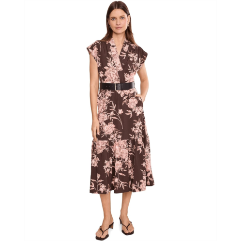 Womens Calvin Klein Short Sleeve Floral Commuter Belted A-Line Midi