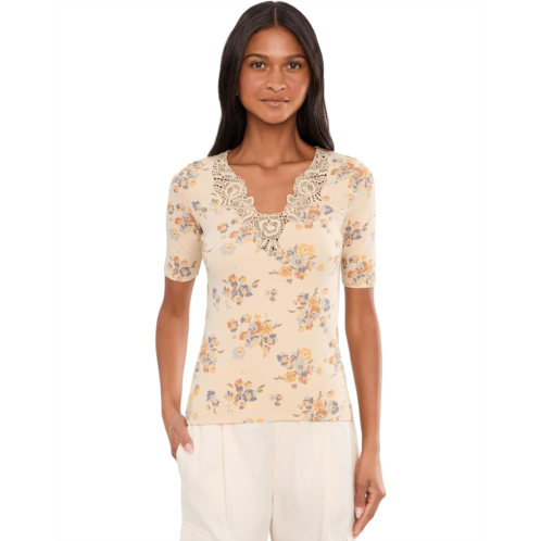 POLO Ralph Lauren Womens Lauren Ralph Lauren Floral Lace-Trim Rib-Knit Top