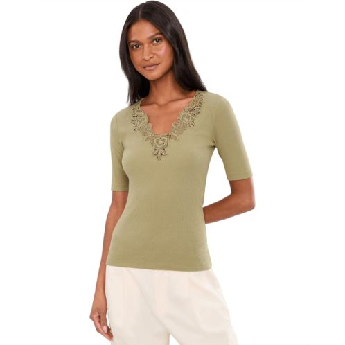 POLO Ralph Lauren Womens Lauren Ralph Lauren Lace-Trim Rib-Knit Cotton-Blend Top
