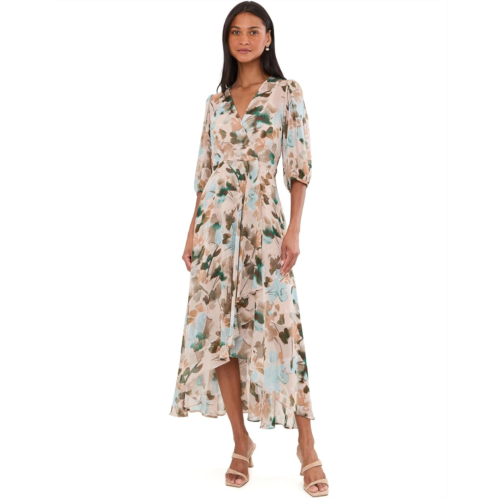 Womens Calvin Klein 3/4 Sleeve Floral Chiffon High-Low Midi