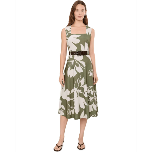 Calvin Klein Square Neck Floral Belted A-Line Midi