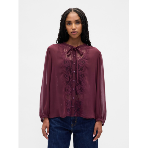 Gap Sheer Recycled Lace Inset Tie-Neck Top