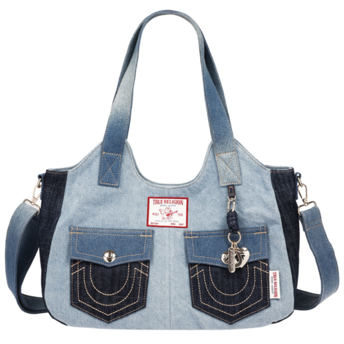 True Religion color block denim soft satchel with detachable crossbody strap