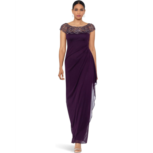 XSCAPE Long Sheer Matte Jersey Side Rouch Dress with Chunky Bead