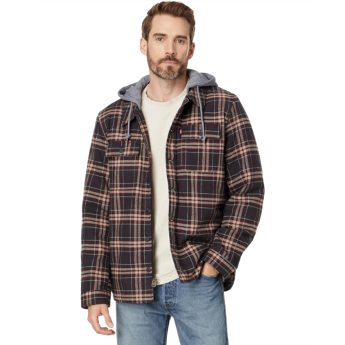Mens Levis Washed Cotton Shirt Jacket with A Jersey Hood and Sherpa Lining