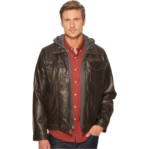 Mens Levis Faux-Leather Trucker with Jersey Hood and Fleece Lining
