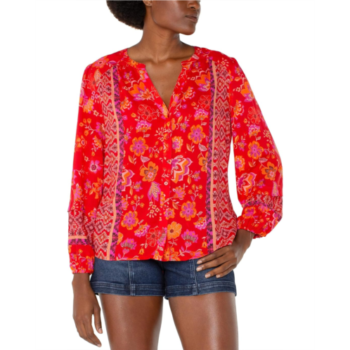 Liverpool Los Angeles Petite Long Sleeve Button Front Shirred Woven Blouse