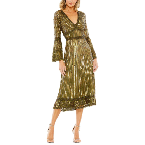 Mac Duggal embellished 3/4 sleeve v neck a line dress