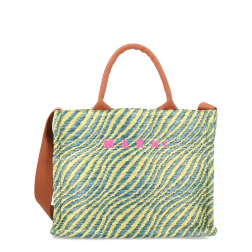 MARNI yellow wavy striped polyamide tote bag
