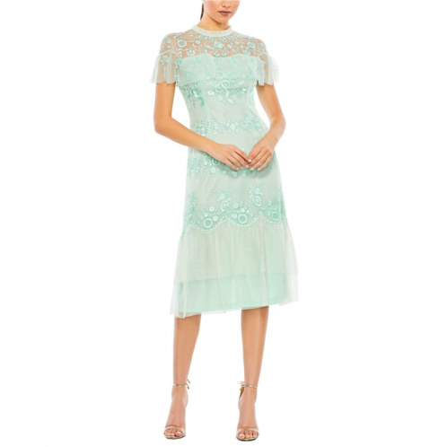 Mac Duggal embroidered ruffled cap sleeve midi dress