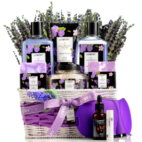 Lovery lavender & lilac spa gift basket with sleep mask - bath and body self care package for men and women
