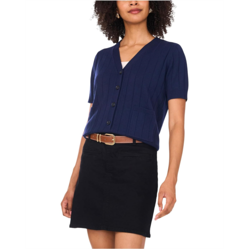 Womens Vince Camuto Rib Short Sleeve V-Neck Cardigan with Pockets