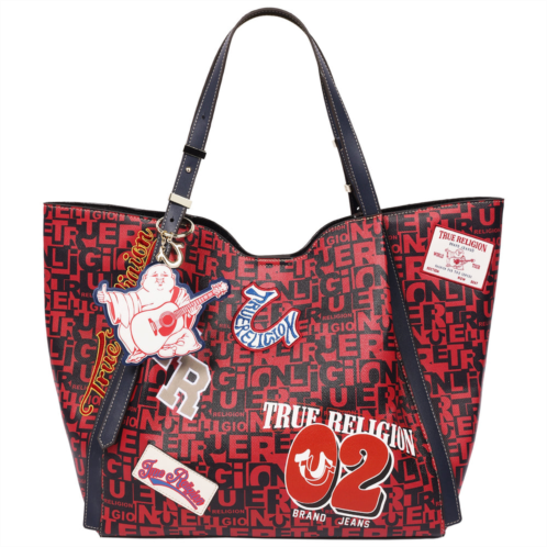 True Religion multi patch graphic tote bag with buddha charm and adjustable shoulder straps