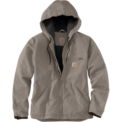 Carhartt Womens Loose Fit Washed Duck Sherpa-Lined Hooded Jacket Taupe Gray