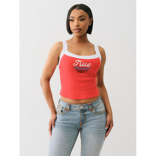 True Religion Womens Embroidered Cropped Ringer Graphic Tank Top