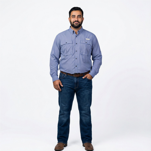 Magellan Outdoors Mens Aransas Pass Mini Check Long Sleeve Fishing Shirt Medieval Blue / White