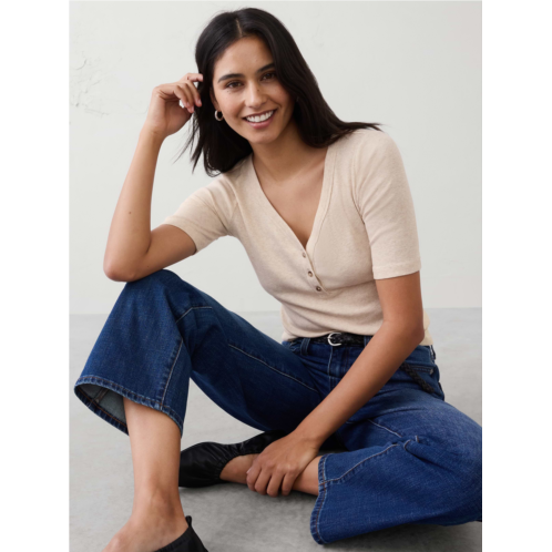 bananarepublic Ribbed Elbow-Sleeve Henley T-Shirt