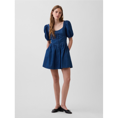 Gap Denim Puff-Sleeve Sweetheart Mini Dress