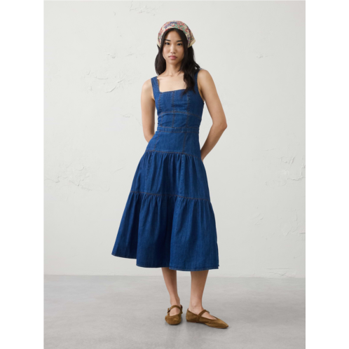 bananarepublic Square-Neck Tiered Denim Midi Dress