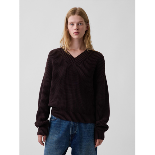 Gap 100% Cotton Oversized Shaker V-Neck Sweater