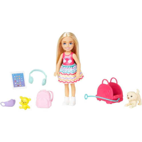Barbie Chelsea Small Doll & 6 Accessories Travel Set with Puppy Pet Carrier & Backpack that Opens & Closes Blonde Hair