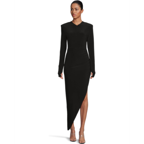 Norma Kamali Long Sleeve Shoulder Pad V-Neck Side Drape Gown